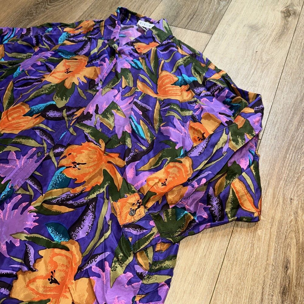 Kikomo Women's 100% Silk Floral‎ Long Sleeve Purple Floral Button Shirt Large - Picture 3 of 7